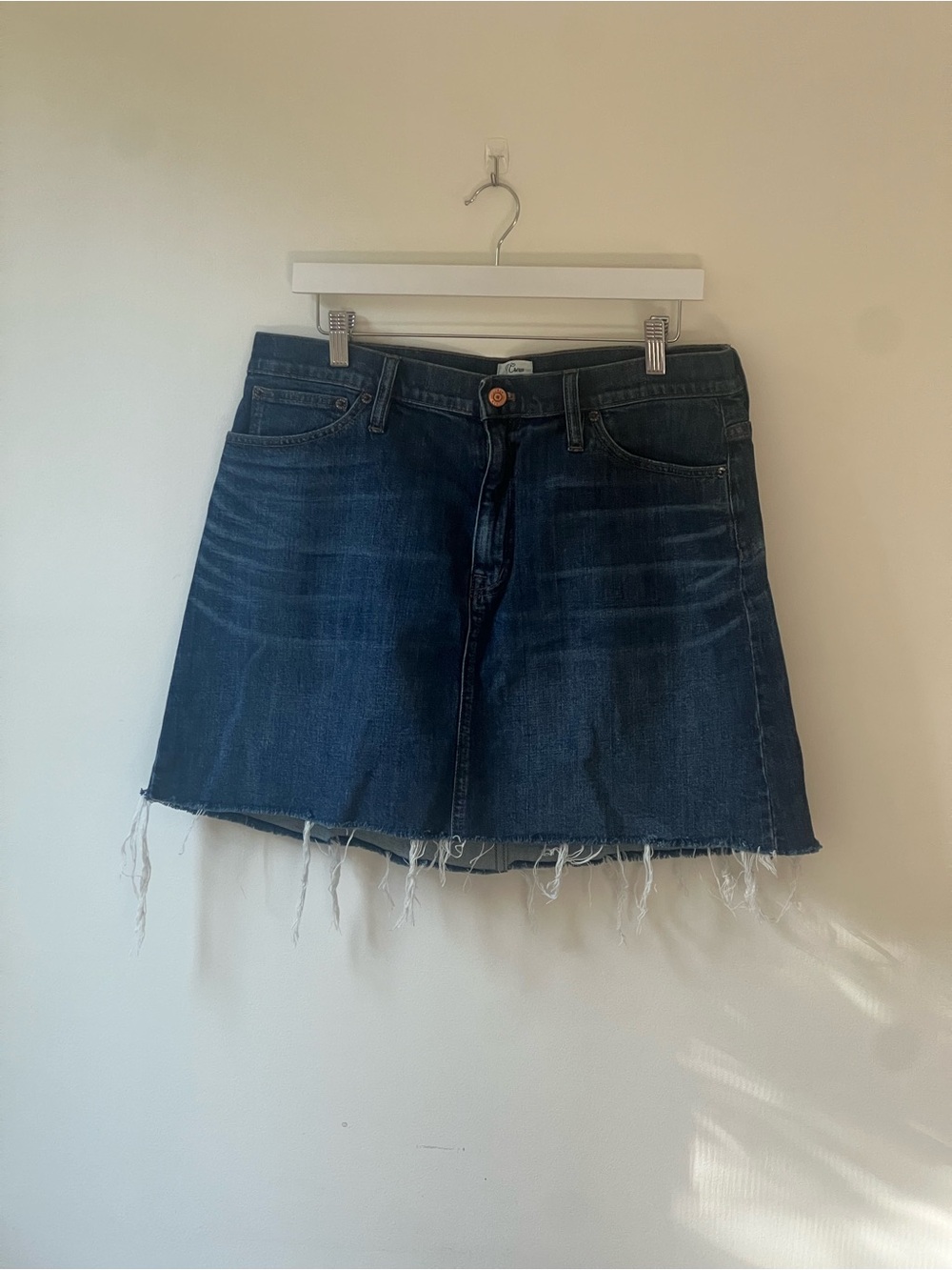 J. Crew Dark Blue Denim Mini Skirt with Frayed Hem